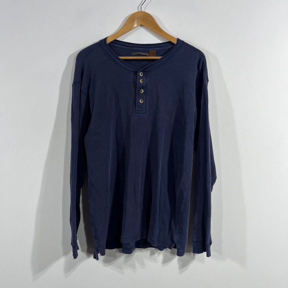 Mens Grunge Y2K Preppy Waffle Knit Thermal Henley Long Sleeve Shirt Large Blue